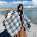 Women hooded knit cape shawl with button closure, cozy geometric winter cloak for travel. - Houndstooth Grey
