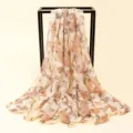 Floral print chiffon scarf summer beach vacation sunscreen shawl elegance and style variant. - Chiffon Peonies in Beige