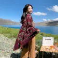 Imitation cashmere split tassel cape shawl, red ethnic geometric design warm blanket. - Large Triangle Wine Red Shawl