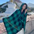 Women's thickened warm hooded shawl, green plaid poncho cape for autumn and winter outdoor travel. - Houndstooth