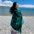 Damen schwarz grüne geometrisch gemusterte warme Kaschmir-Gefühl geteilte Poncho Schale Umhang. - 130x150cm / Grünes Windmühlenmuster