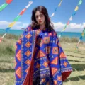 Ethical tribal pattern poncho with tassel trim, warm winter cashmere-feel open wrap shawl. - Large Triangle Blue Shawl