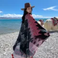 Bohemian zigzag pattern split cape, thickened warm imitation cashmere shawl for travel. - Bohemian Striped Navy and Red Shawl