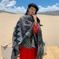 Bohemian zigzag pattern thickened warm imitation cashmere shawl cape for travel women - Bohemian Striped Black and Gray Shawl