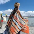 Bohemian geometric pattern cape, thick warm imitation cashmere shawl for travel and outdoor. - Beige Double Diamond Lattice Shawl