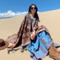Bohemian geometric pattern split cape, thickened warm cashmere feel shawl for outdoor travel. - Large Triangle Grey Shawl