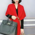 Red knitted shawl cape for women, warm winter triangular poncho with stylish leather buckle. - 70-180CM / Red