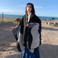 Women hooded split cloak winter warm thick shawl black white pattern casual travel cape blanket - Geometric Pattern Style / Black