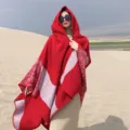 Women winter hooded knitted poncho warm casual red grey fashion tassel shawl cloak outerwear - Geometric Pattern Style / Red