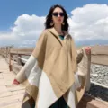 Women hooded winter warm knitted poncho shawl, stylish colorblock cape for outdoor travel. - Geometric Pattern Style / Camel