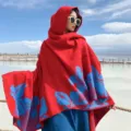 Women winter warm hooded red cape shawl with blue floral pattern stylish outdoor wear - Red and Blue