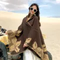 2025 Autumn Winter Women Hooded Poncho Thickened Warm Travel Shawl Vintage Floral Cape Blanket - Coffee