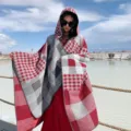 Women red plaid hooded cape winter warm poncho casual travel tassel wrap blanket shawl - Burgundy
