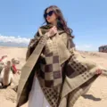Autumn winter women brown plaid split warm shawl poncho blanket cloak travel fashion outdoor - Camel Color Block