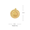 Close-up detail of a 21mm gold plated stainless steel sun pendant showing dimensions - Hollow Anthropomorphic Sun Pendant (Style A) / Gold