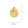 Detailed gold celestial sun and moon stainless steel pendant with dimensions and weight. - Sun Moon Stars Embossed Round Pendant (Style B) / Gold