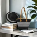 Borsa tote in paglia a righe bianche e nere di grande capacità per vacanze estive - Set Cappello & Borsa / Nero con righe bianche