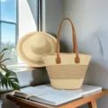 Elegante borsa tote in paglia intrecciata capiente per vacanze al mare o il tempo libero. - Set Cappello & Borsa / Righe Beige & Cachi