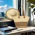 Grande borsa tote in paglia a righe e set di cappello da sole coordinato per spiaggia. - Set Cappello & Borsa / Righe Inferiori Nere Beige Cachi