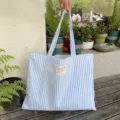 Bolso tote de lona a rayas azules y blancas de gran capacidad para el estudio y el diario - Estilo de cremallera / Rayas azules y blancas