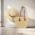 Grande borsa tote in paglia intrecciata e set cappello per vacanze al mare - Set Cappello & Borsa / Beige Tinta Unita