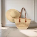 Grande borsa tote in paglia intrecciata con cappello da sole coordinato per mare - Set Cappello & Borsa / Treccia a Sei Capi Beige
