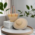 Borsa tote in paglia intrecciata e cappello a tesa larga per le vacanze al mare - Set Cappello & Borsa / Caffè a Rete
