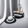 Borsa tote in paglia e set cappello da sole coordinato a strisce blu e grigie mare - Set Cappello & Borsa / Strisce Nero, Blu Notte e Bianco