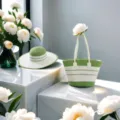 Set borsa e cappello di paglia a righe bianche e verdi in stile francese da spiaggia - Set Cappello & Borsa / Verde e bianco