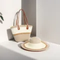 Set di borsa tote in paglia intrecciata e cappello da sole a righe crema e beige - Set Cappello & Borsa / Cachi Beige