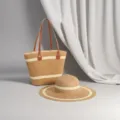 Elegante borsa da spiaggia in paglia intrecciata grande con cappello da sole a tesa larga - Set Cappello & Borsa / Doppie Strisce Cachi e Beige