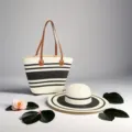 Set borsa tote e cappello da sole in paglia con eleganti strisce nere per la spiaggia - Set Cappello & Borsa / Bianco Latte con Strisce Nere Spesse