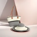 Set di borsa tote in paglia intrecciata e cappello da sole per vacanze al mare. - Set Cappello & Borsa / Grigio Nero Beige
