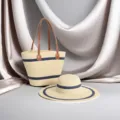 Elegante borsa tote in paglia intrecciata e set cappello da sole per le vacanze - Set Cappello & Borsa / Strisce Beige & Blu
