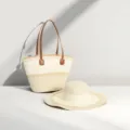 Grande borsa tote in paglia intrecciata e cappello da sole abbinato per la spiaggia - Set Cappello & Borsa / Beige Chiaro e Bianco Latte