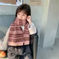 Sciarpa invernale in maglia per bambini, motivo a rombi marrone viola scaldacollo caldo. - 20x130 cm / Caffè Rosa