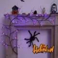 Halloween LED branch lights with purple lights and spooky spider decorations for party. - USB 8-Function Remote Control / 1.8 Meter 54 Lights / Spider Vine - Purple