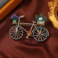 Vintage bicycle rhinestone brooch with colorful crystals and flower basket for women coat pin - Bicycle With Flower Basket (Bronze Color)