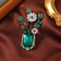 Vintage French green crystal vase brooch for women, luxury rhinestone flower corsage pin. - Crystal Vase Sunflower Brooch / Emerald
