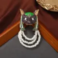 Vintage Egyptian cat goddess brooch with white beaded tassel pins unique retro suit jacket decor - Tassel Fox Masks / Gold