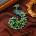 Vintage rhinestone peacock brooch, blue green crystal pin, luxury winter sweater accessories. - Green