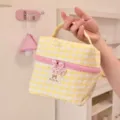 Cute yellow check cosmetic bag detail showing pink zipper, bow tag and portable handle. - Yellow Plaid
