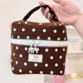 Koreaanse stijl bruine polkadot draagbare cosmetische tas met schattige strik sluiting. - Draagbaar Cilindrisch / Koffie Polka Dot