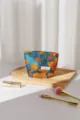 Borsetta cosmetica vintage in jacquard con motivo floreale blu arancione, chiusura lampo, custodia chic. - Blu con fiori gialli / Taglia S