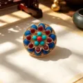 Broche lotus style ethnique avec pierres synthétiques colorées, épingle rétro pour tenues. - Lotus Turquoise Multicouche Rond Multicolore