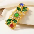 Pince a cheveux doree mate style chinois avec fleurs emaillees et strass brillants - Style Cadre Long (HS101431) / Pince à Cheveux Fleur Cadre Long Or Mat