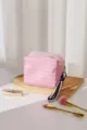 Bolso cosmético a rayas rosas con correa trenzada, gran neceser de maquillaje portátil. - Bolso Almohada / Rayas Rosa Claro