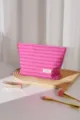 Bolsa de maquillaje a rayas rosas con cremallera, estuche cosmético de gran capacidad. - L / Rosa intenso