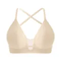 Beige seamless deep V push-up bra with cross straps and mesh details. Comfortable wireless fit. - S / Nude Apricot