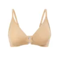 Beige seamless front closure bra, adjustable thin straps, minimalist daily underwear. - Nude